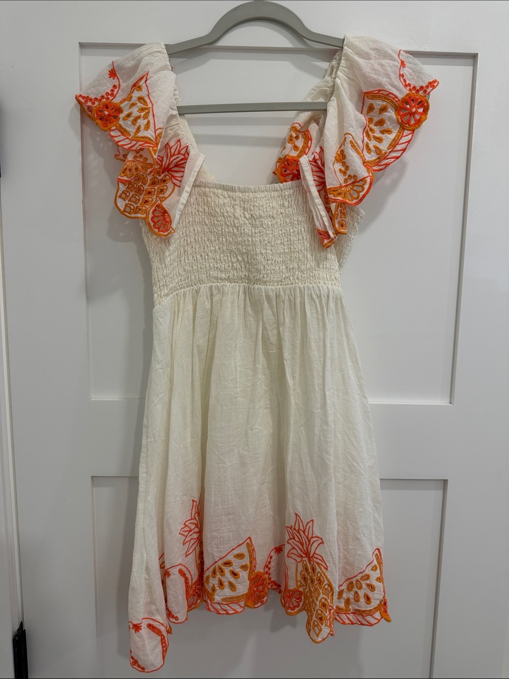 By Anthropologie Cream Embroidered Smocked Dress with Orange Embroidery Size SM